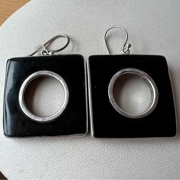 VINTAGE ONYX 925 SS LARGE OVERSIZED STATEMENT DROP DANGLE GEOMETRIC EARRINGS